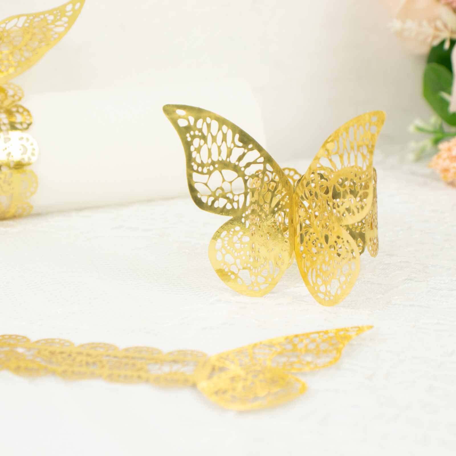 12 Pack Metallic Gold Foil Laser Cut Butterfly Paper Napkin Rings, Chair Sash Bows, Serviette Holders