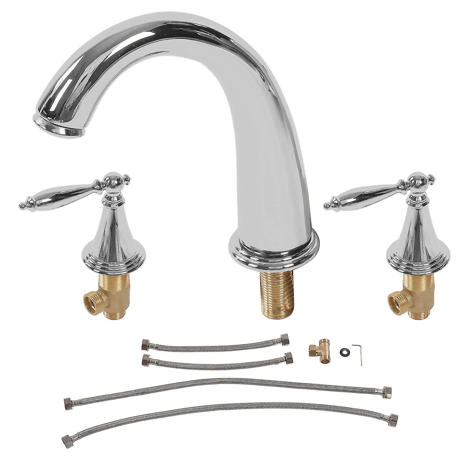 Double Handle Split Faucet Full Copper Three Hole Basin Faucet European Style Bathroom Sink Faucet Silver