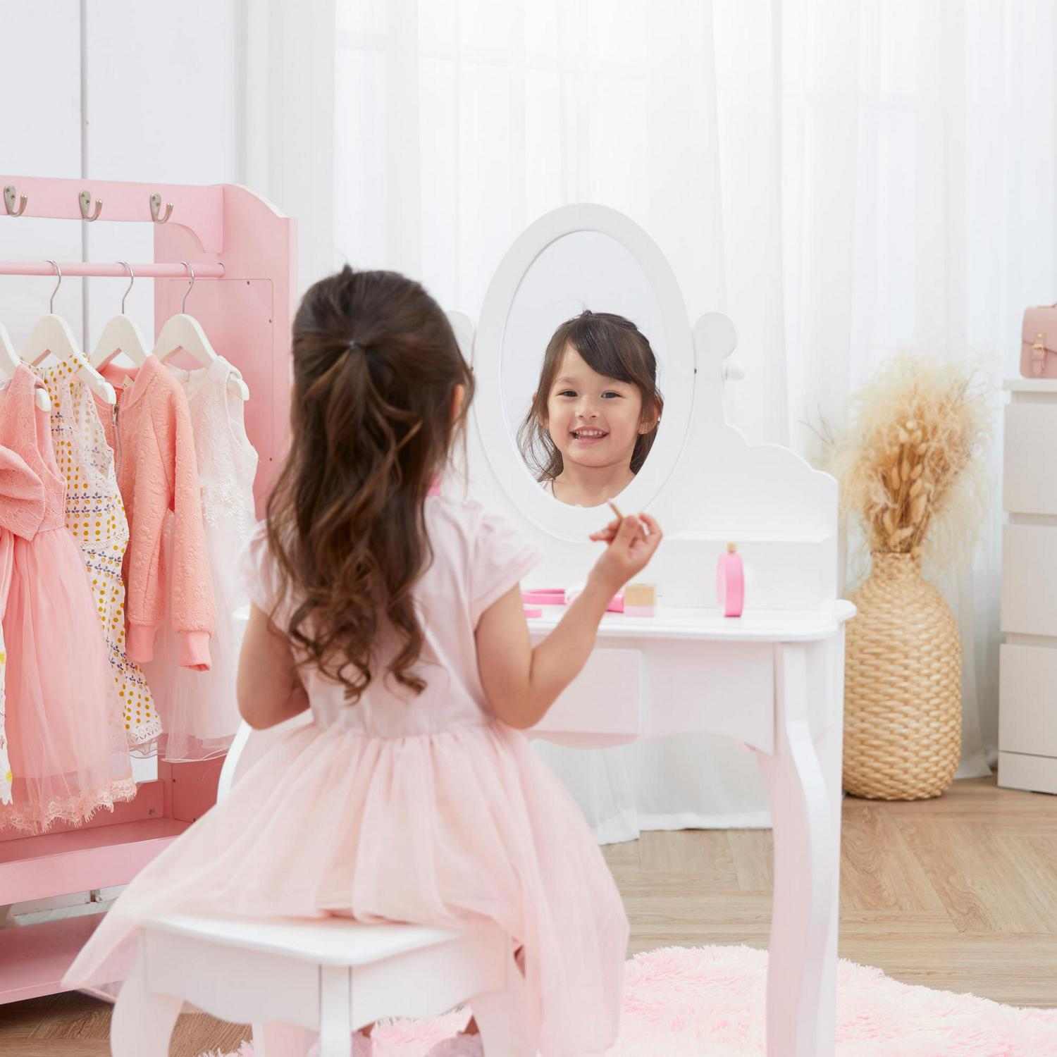 Fantasy Fields Little Princess Rapunzel Vanity Table with Mirror Storage Drawers and Stool White  Crowdfused