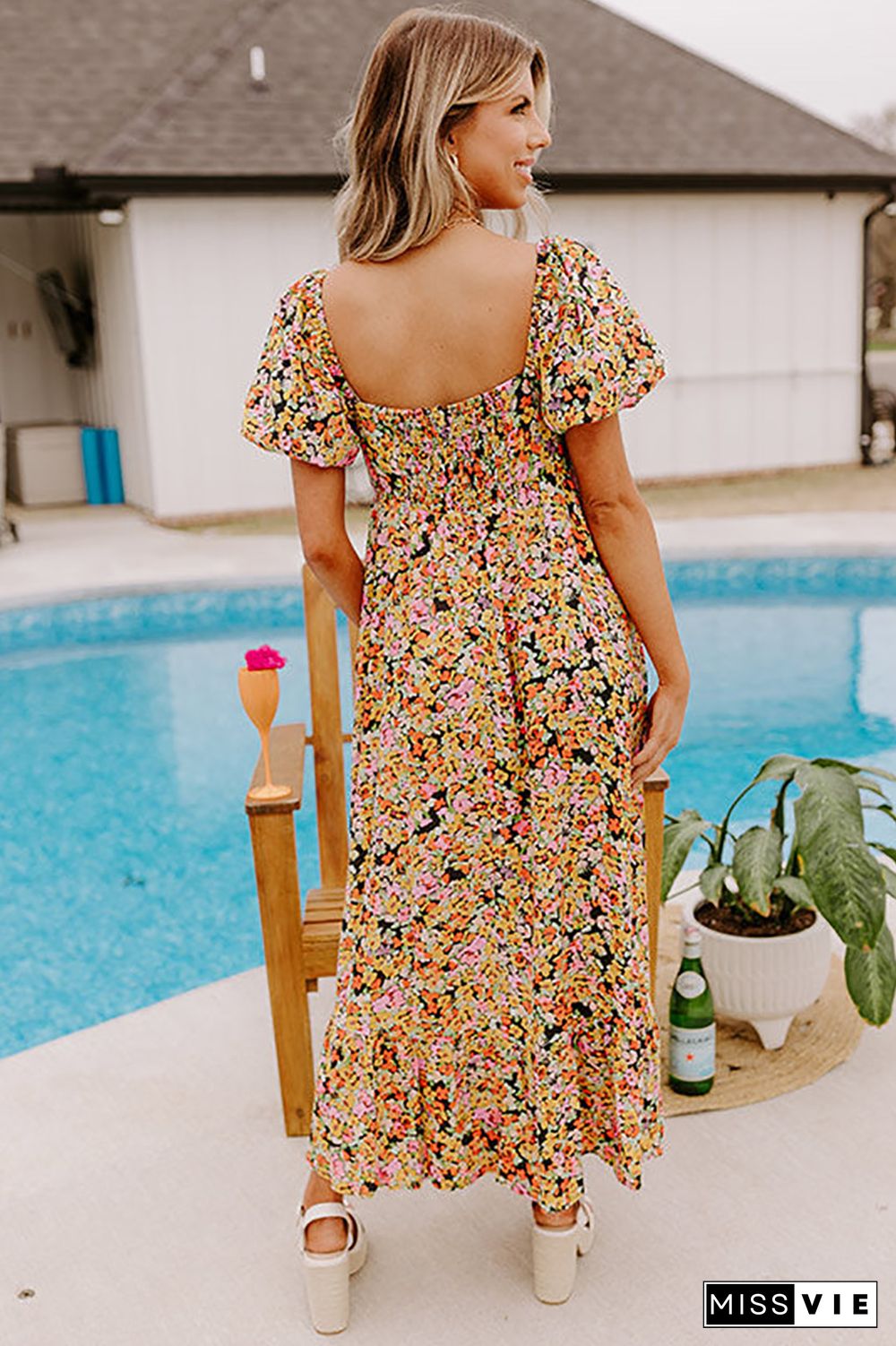 Yellow Puff Sleeve Square Neck Open Back Floral Midi Dress