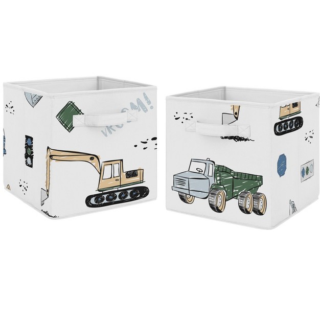 Sweet Jojo Designs Boy Set Of 2 Kids x27 Decorative Fabric Storage Bins Construction Truck Green Blue And Grey