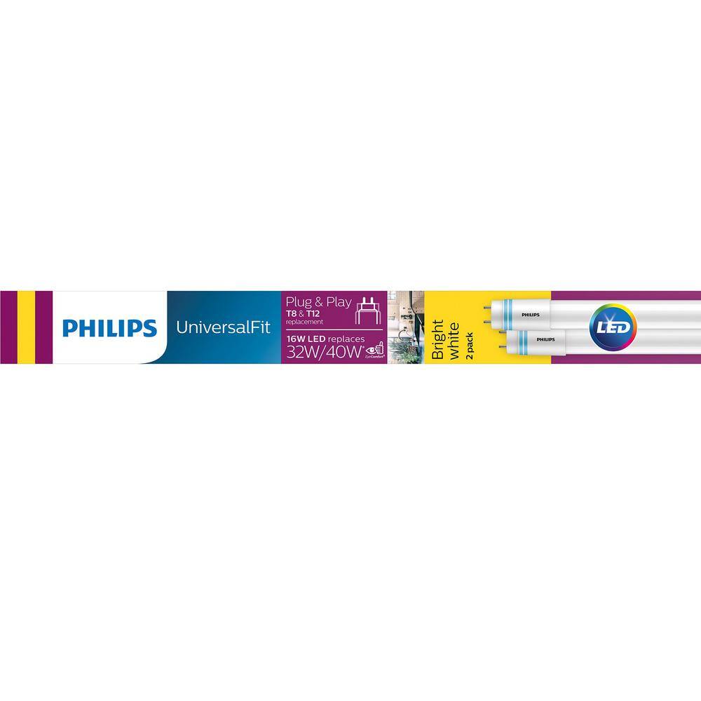 Philips 32W T840W T12 Equivalent 4 ft. Type A Linear Universal Fit Bright White LED Tube Light Bulb (3000K) (2-Pack) 539148