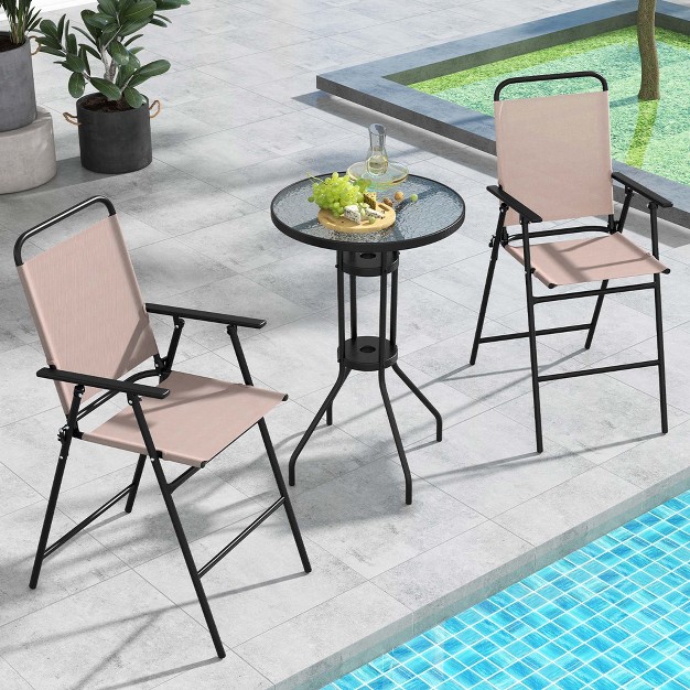 Costway 3pcs Patio Bistro Set Folding Chairs Round Bar Table With 1 6 x27 x27 Umbrella Hole Yard