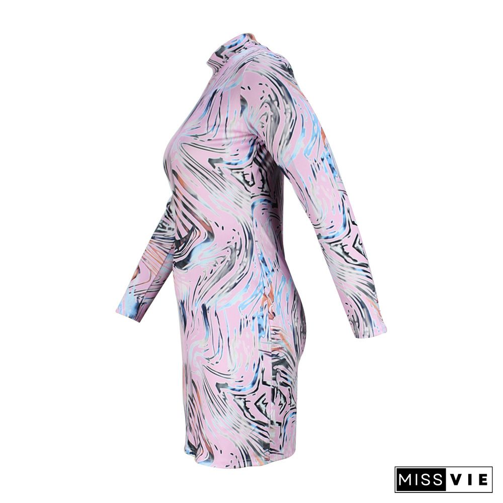 Abstract print Long Sleeve O Neck Pencil Dress