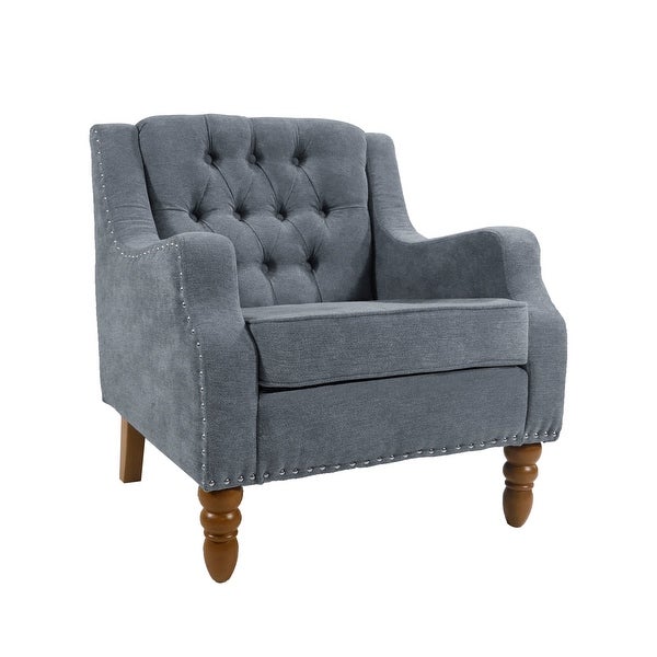 Button Tufted Upholstered Arm Accent Chair with Vintage Studs， Grey