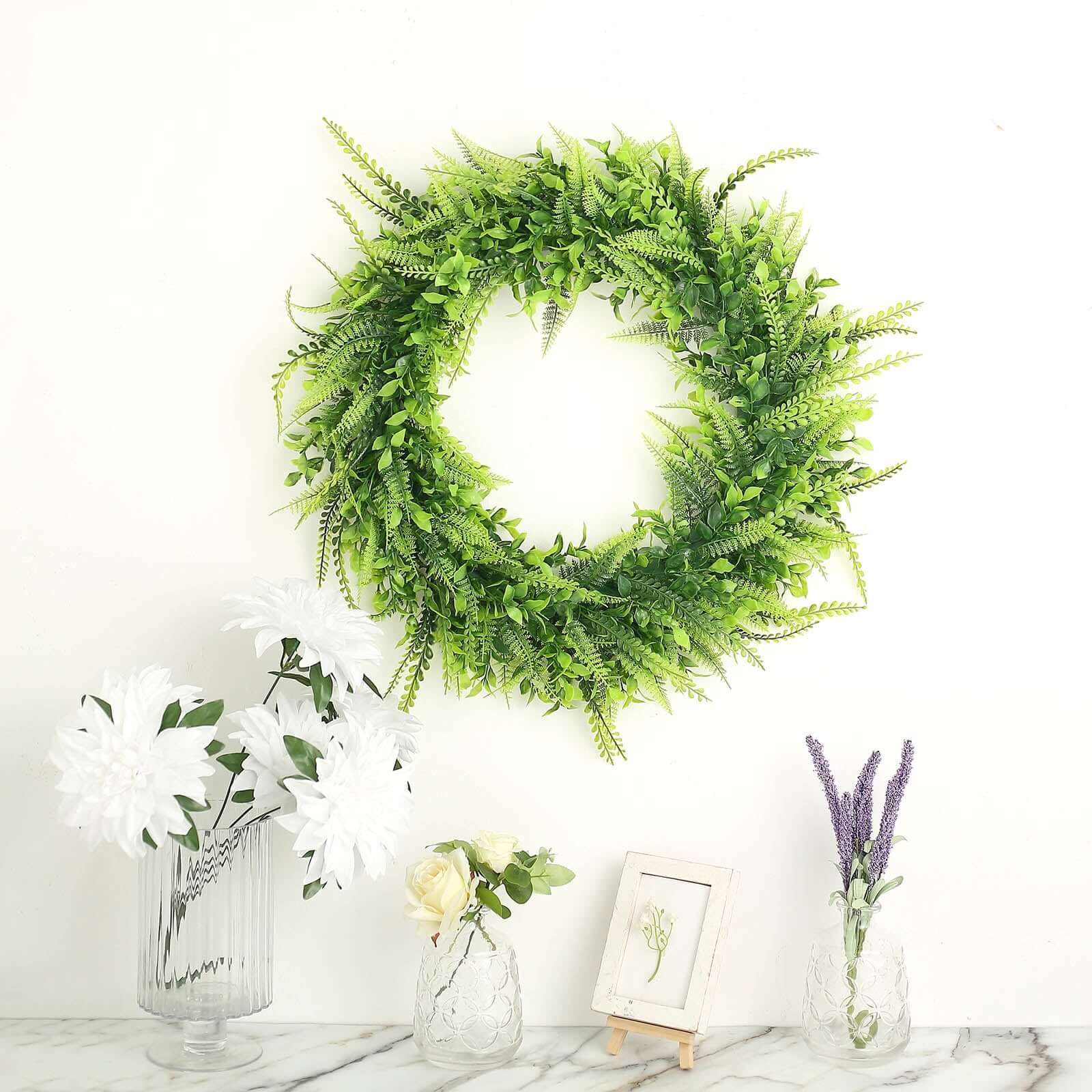 2 Pack Green Artificial Lifelike Boxwood Fern Mix Spring Wreaths 22