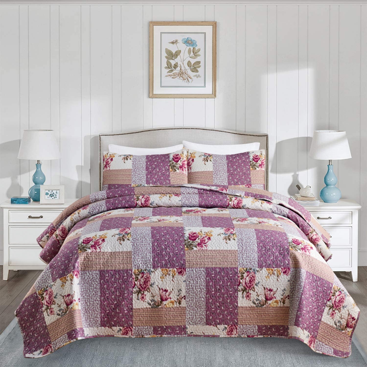 JML 3-Piece Quilt Set with 2 Shams， Soft Microfiber Bedspread Coverlet Set， Queen， Purple Floral