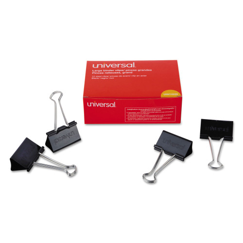 Universal Binder Clips， Large， Black/Silver， 12/Box (10220)