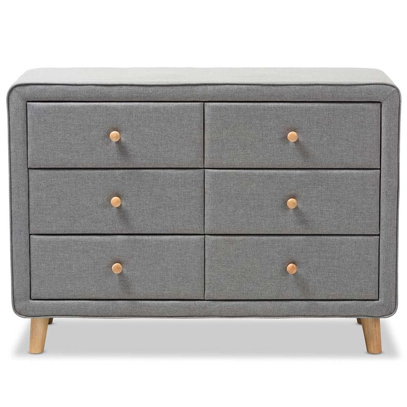 Hawthorne Collection 6 Drawer Fabric Upholstered Dresser in Gray