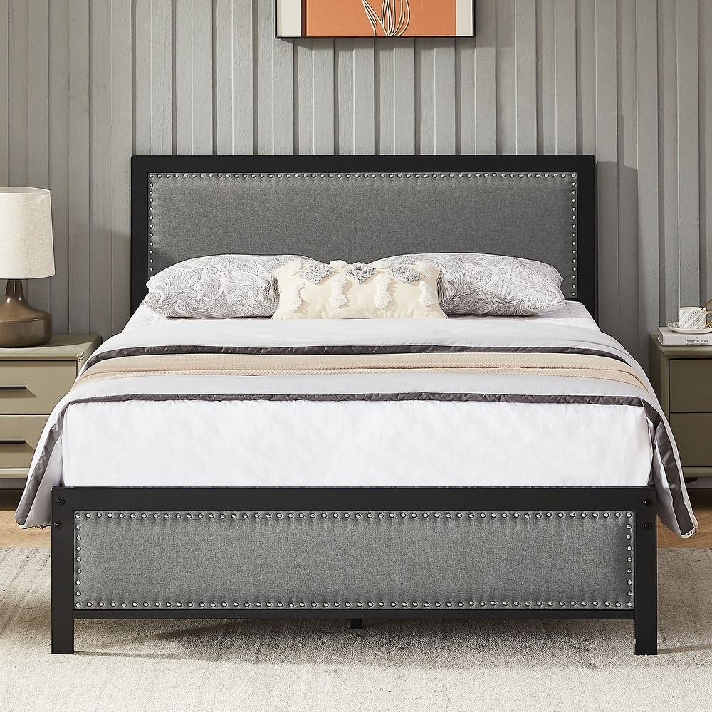 VECELO Platform Bed Frame with Headboard  Grey/Black Bed Frame  Twin/Full/Queen Size Bed Frame