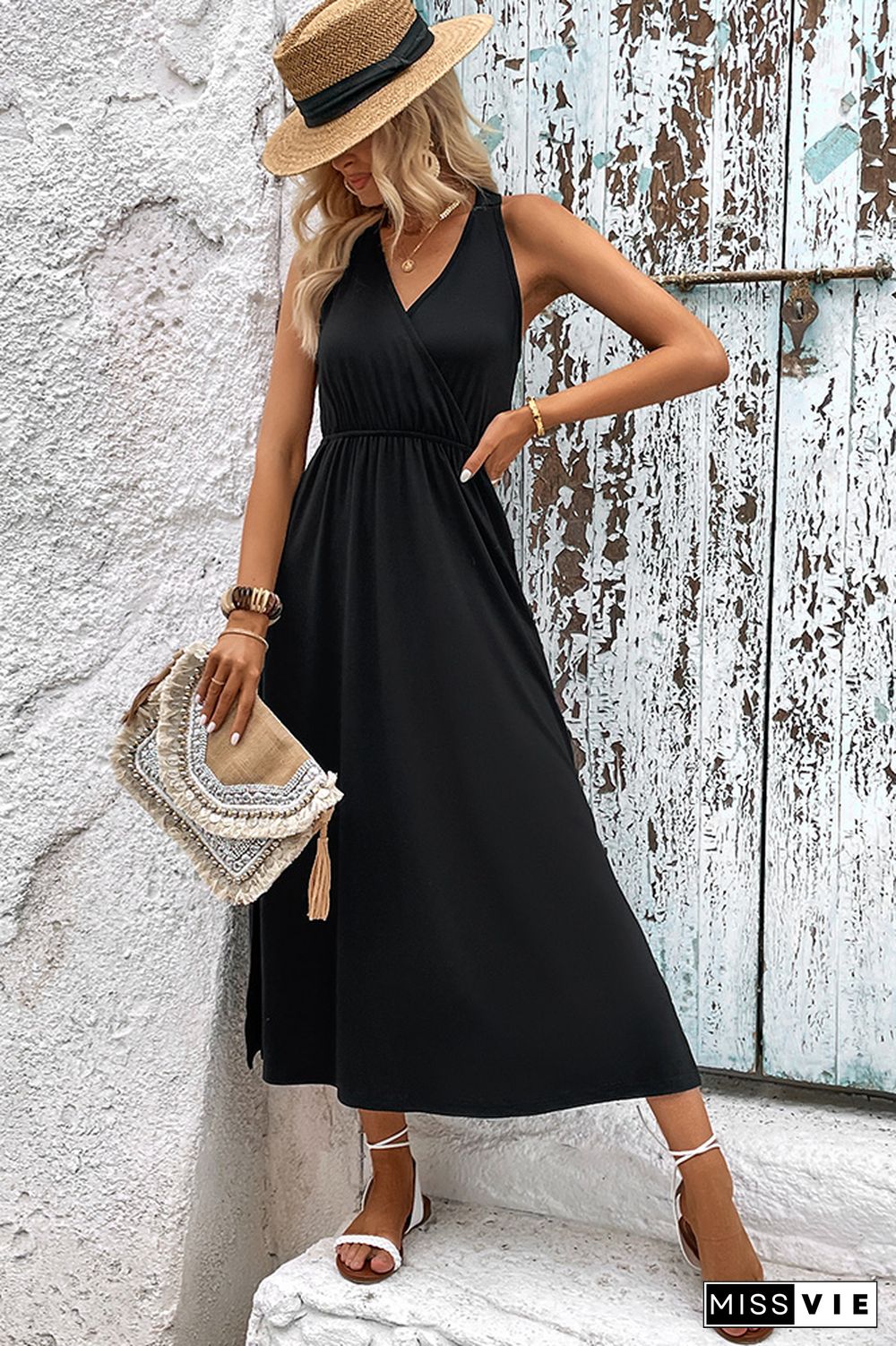 Plain Wrap V Neck Split Sleeveless Maxi Dress