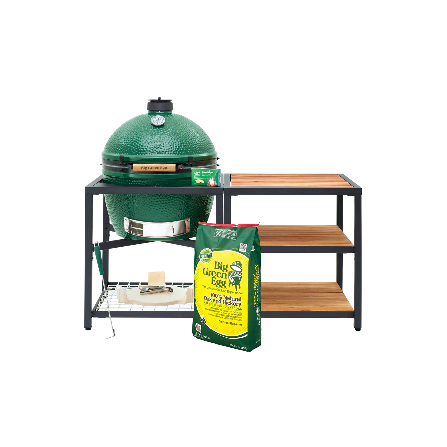 Big Green Egg 24 in. XLarge EGG Package with Modular Nest and Side Table with Acacia Inserts Charcoa