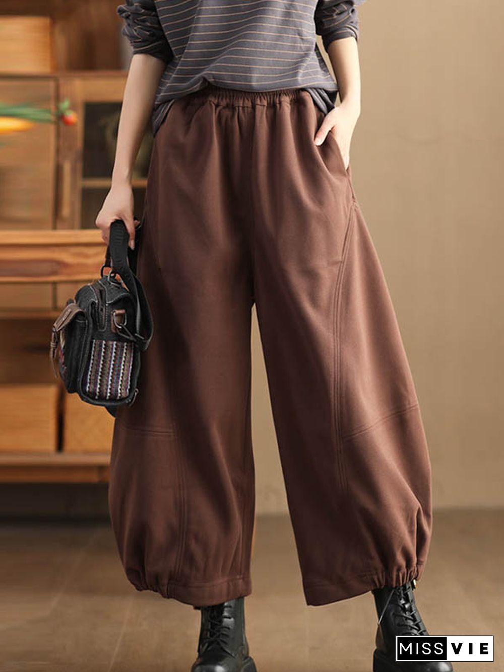 High Waisted Loose Drawstring Elasticity Pleated Solid Color Pants Trousers