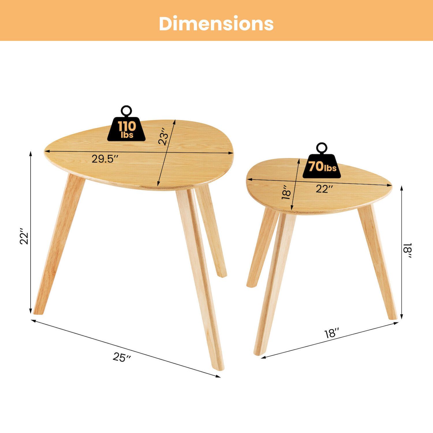 Set of 2 Triangle Modern Coffee Table Rubber Wood for Living Room-Natural