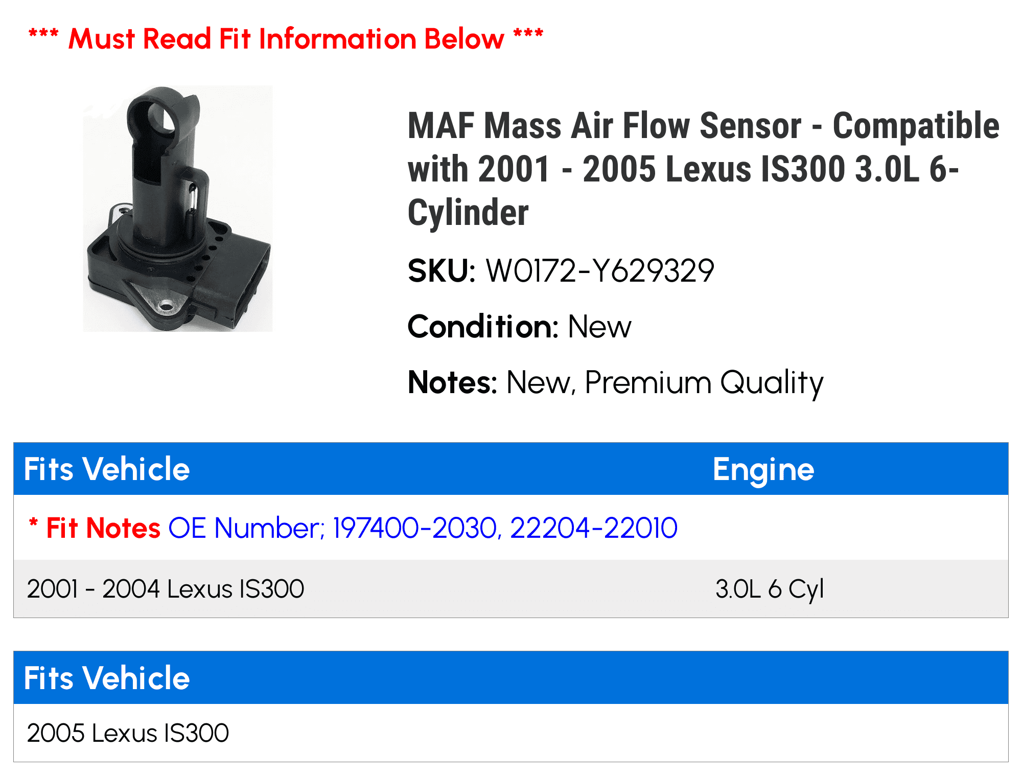 MAF Mass Air Flow Sensor - Compatible with 2001 - 2005 IS300 3.0L 6-Cylinder 2002 2003 2004