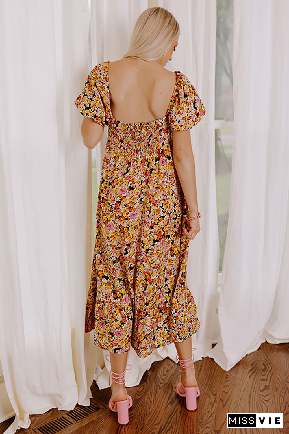 Yellow Puff Sleeve Square Neck Open Back Floral Midi Dress