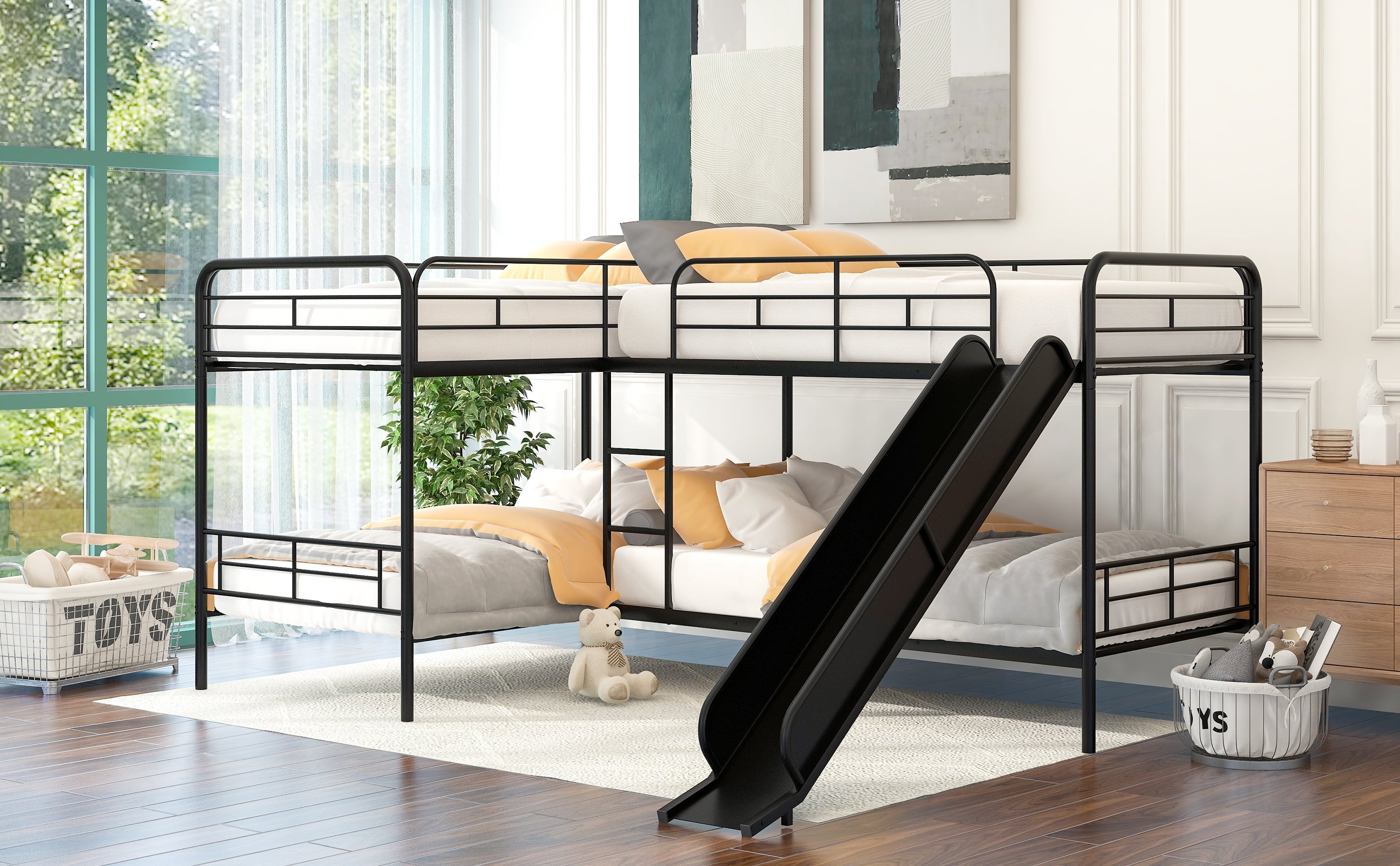 Modern Meta Twin L-Shaped Quadruple Bunk Bed for Kids Bedroom, Black