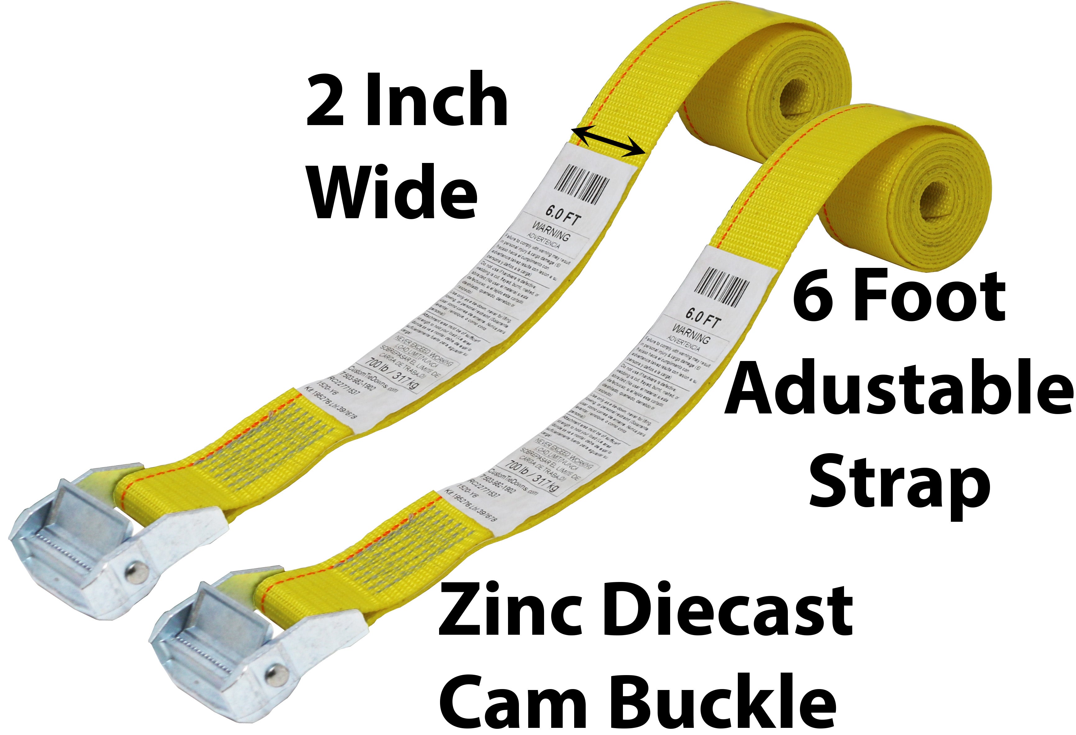 CustomTieDowns 2 Pack, 2 Inch x 6 Foot Cinch Strap Endless Loop Tie Down( No Hooks), Zinc Diecast Cam Buckle, Polyester Tie-down Webbing.(Yellow) 1612