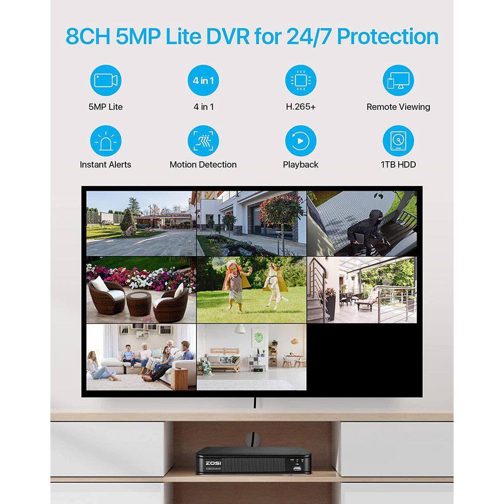 ZOSI H.265+ 8-Channel 5MP-LITE DVR 1TB Hard Drive Security Camera System with 8 1080P Wired Bullet Cameras Remote Access 8VM-106W8S-10