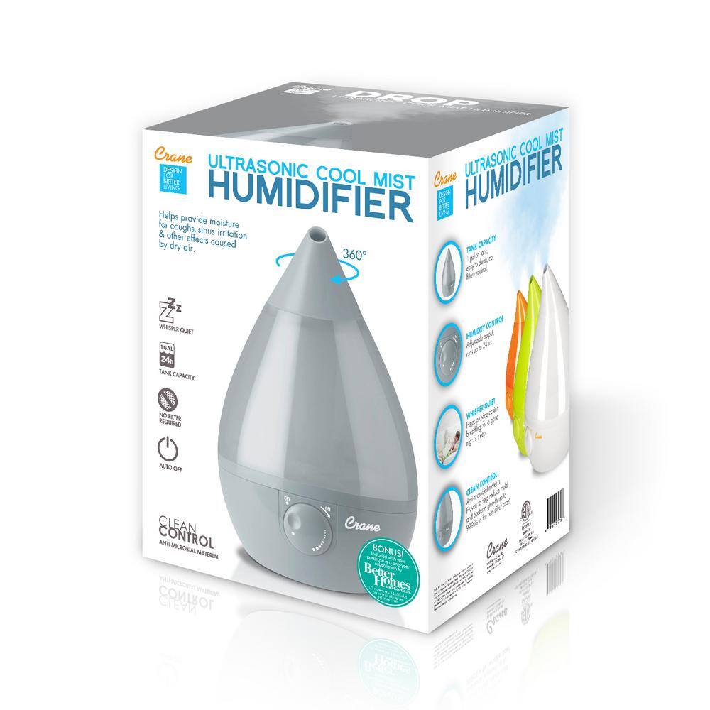 Crane 1 Gal. Drop Ultrasonic Cool Mist Humidifier for Medium to Large Rooms up to 500 sq. ft. - Grey EE-5301GR