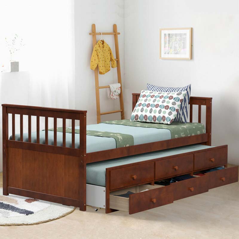 Twin Captain's Bed with Trundle Bed, Storage Daybed with 3 Drawers, Wooden Platform Bed for Kids Guests Sleepovers