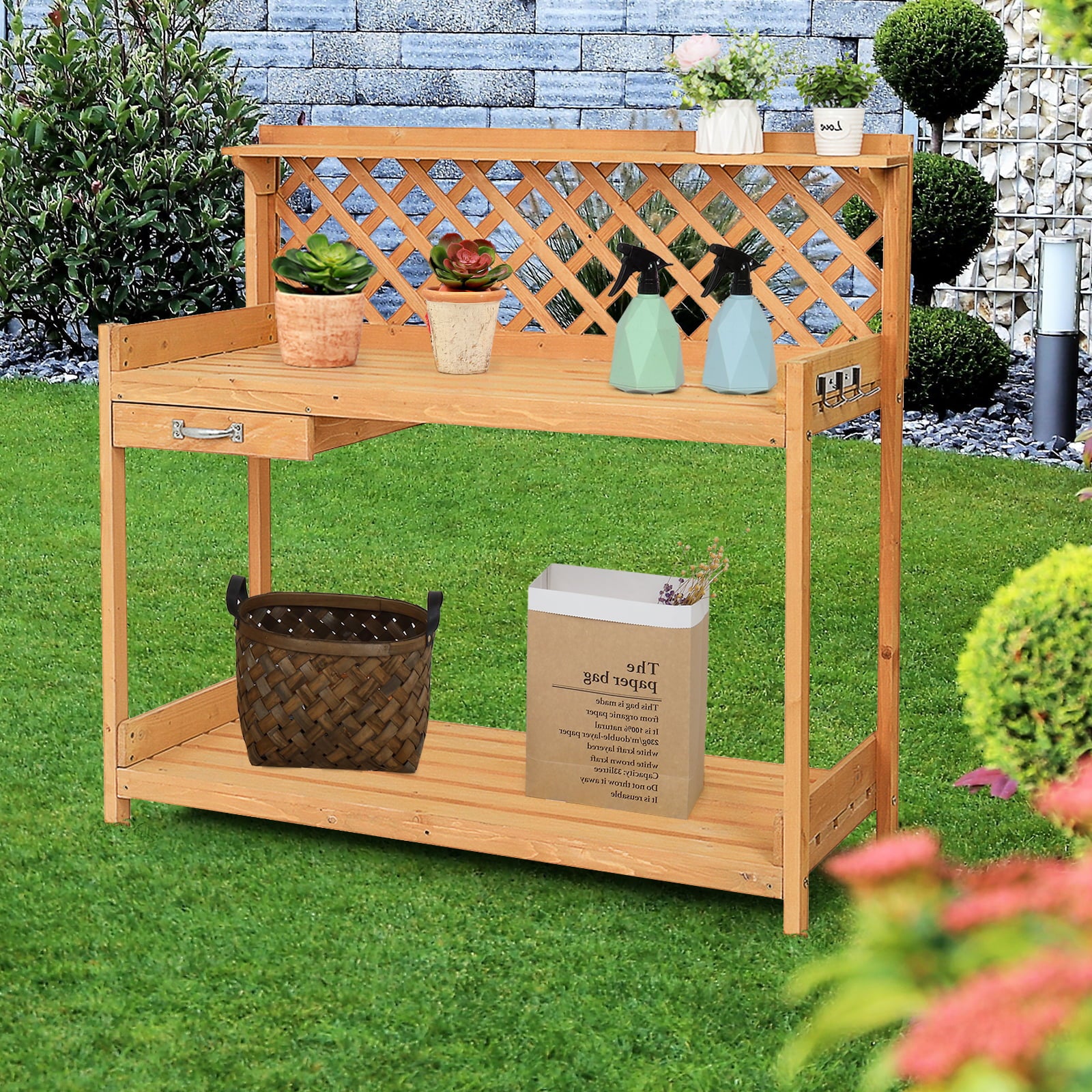 UBesGoo Garden Work Bench Potting Table With Drawer Burlywood