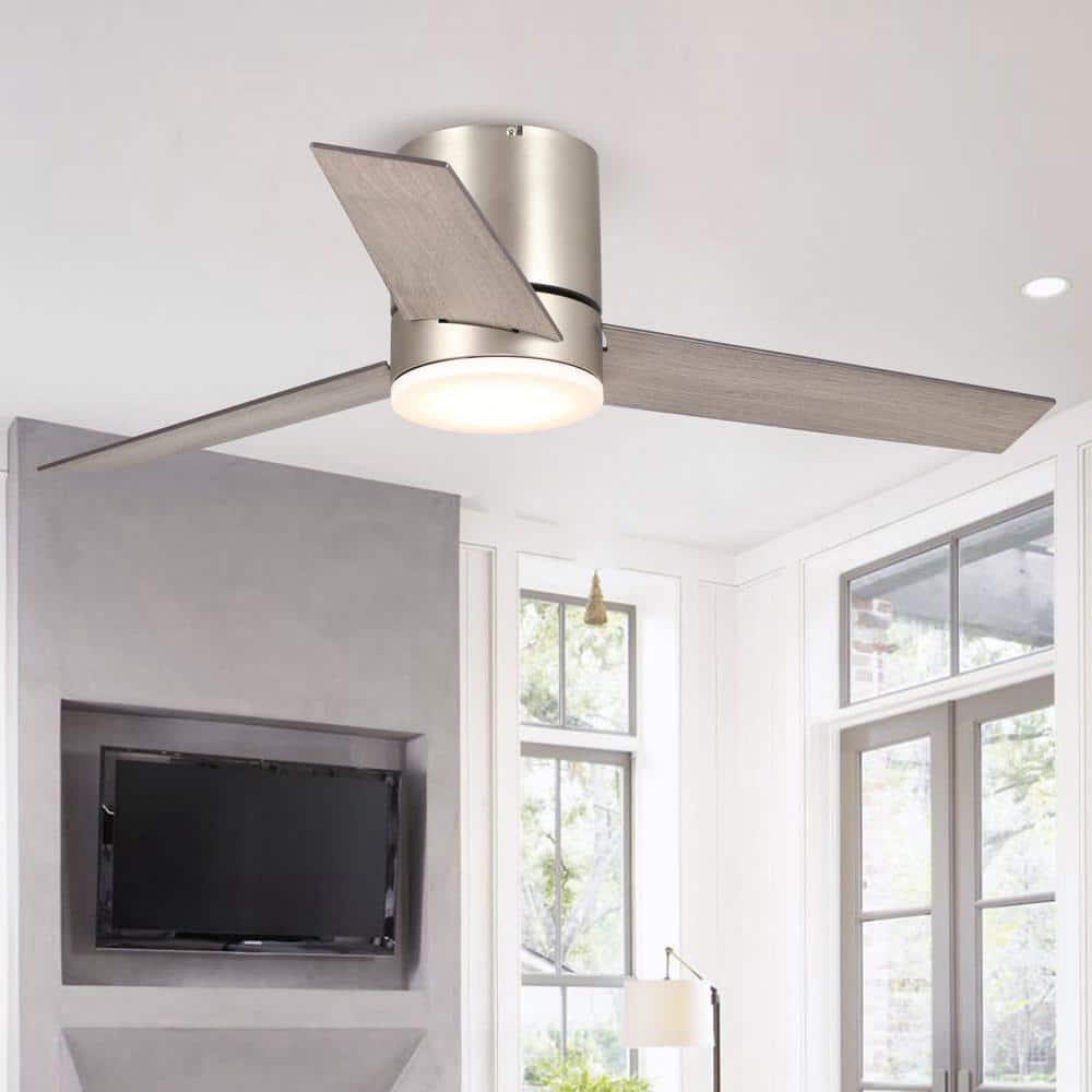 Parrot Uncle Darosa 48 in LED Nickel 3Blade Flush Mount Ceiling Fan with Remote Control and Light