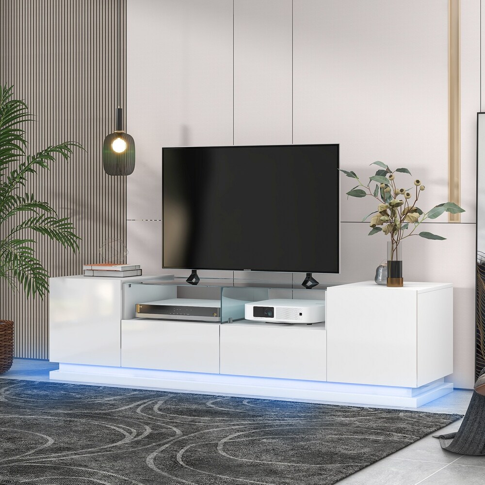 TV Stand with Tempered Glass  Modern High Gloss Entertainment Center for TVs Up to 70\