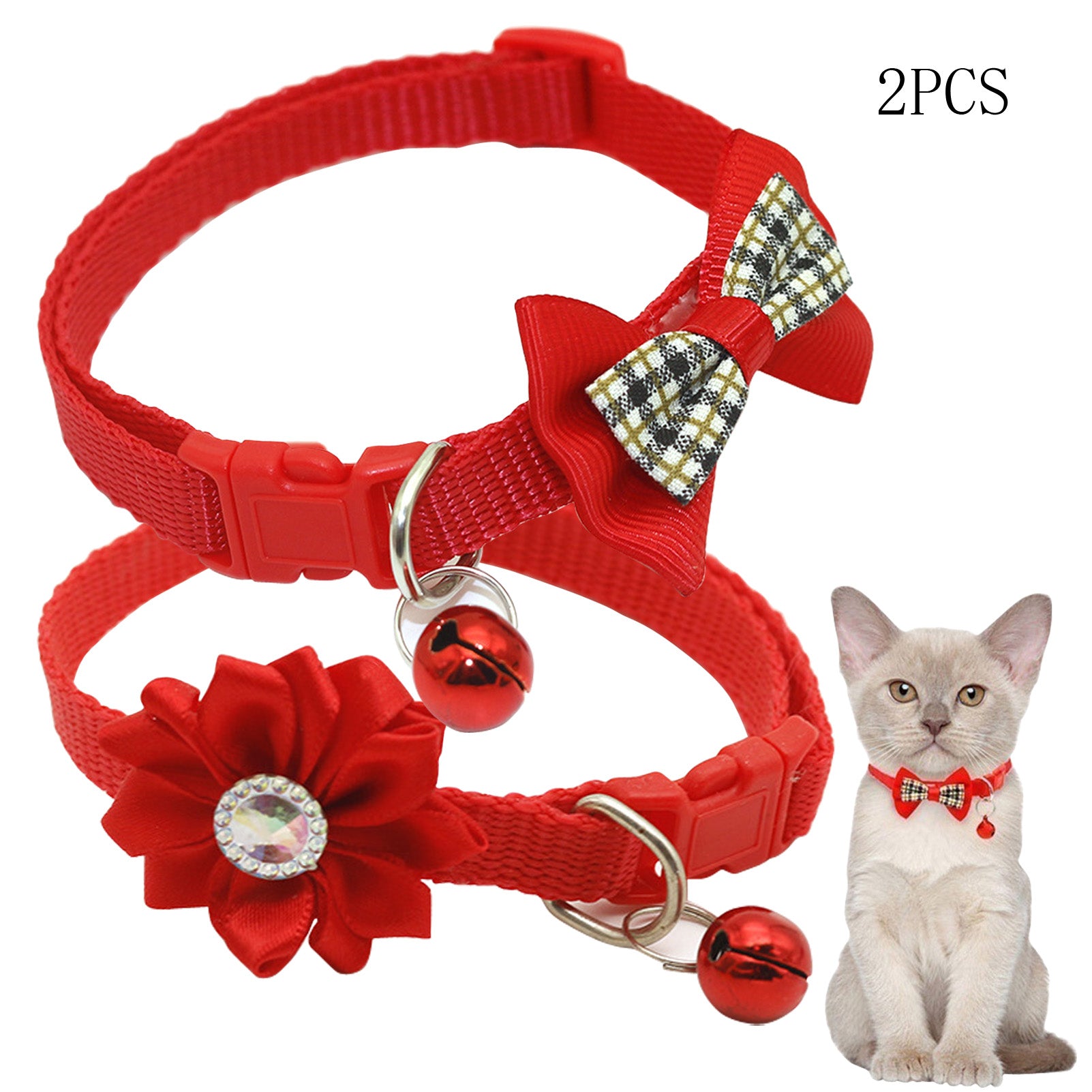 CHBORLESS 2 Pcs Nylon Cat Collar with Bell Bow Tie Flower Adjustable Puppy Kitten Collar，Red