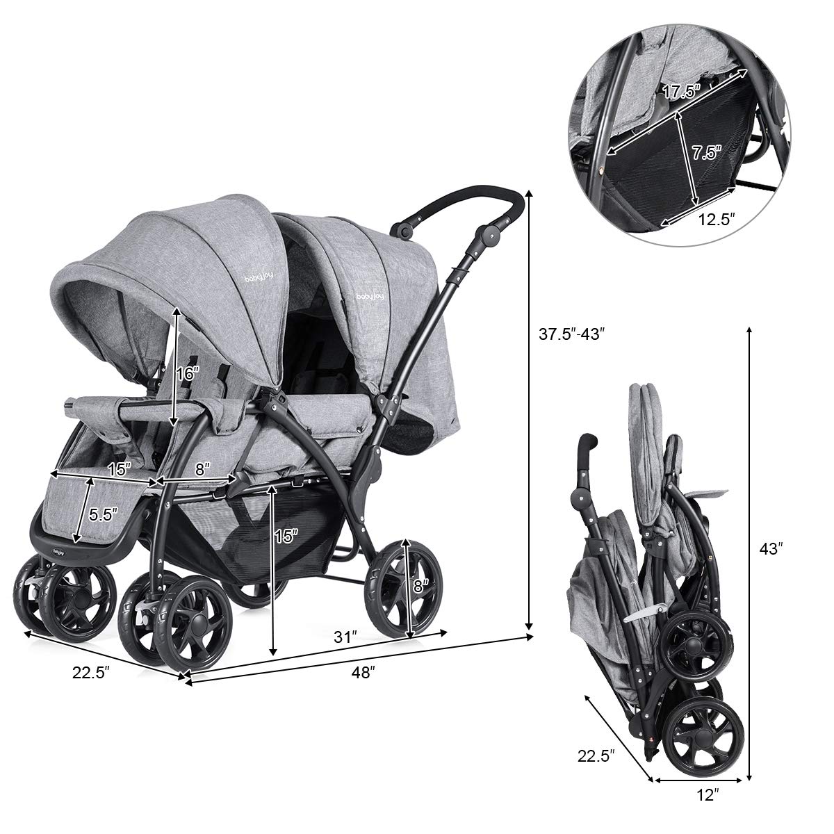 Foldable Double Seat Tandem Stroller  (Gray)