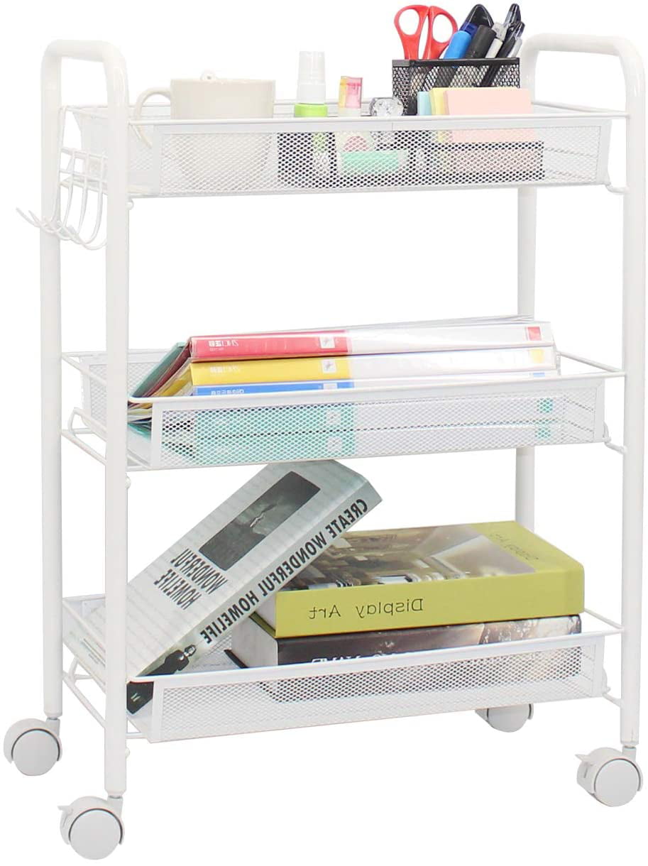 3 Tier Rolling Kitchen Storage Utility Cart on Wheels Multifunction Basket Stand Shelf for Bathroom Office, Full Metal Storage Art Trolley Craft Carts