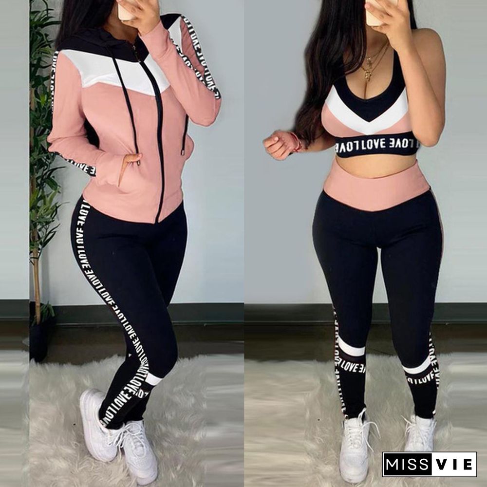 Women Fashion Sports Suits Running Wear Gym Clothes Vest Top / Pants/ Coat 3Pcs Set