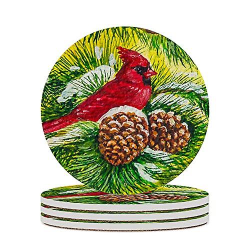 Round Drink Coasters 2 Pcs Merry Christmas Cardinal Red Bird Absorbent Ceramic Coaster With Cork Base For Coffee Cups Housewarming Gift For Home Decor