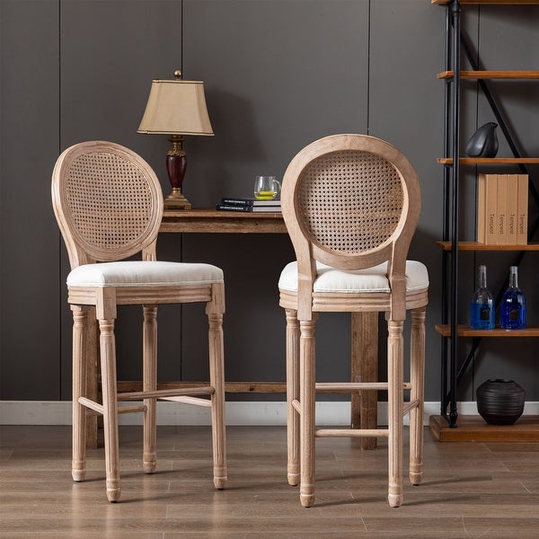 French Rattan Back Wooden Barstools w/Upholstered Seating，Set of 2