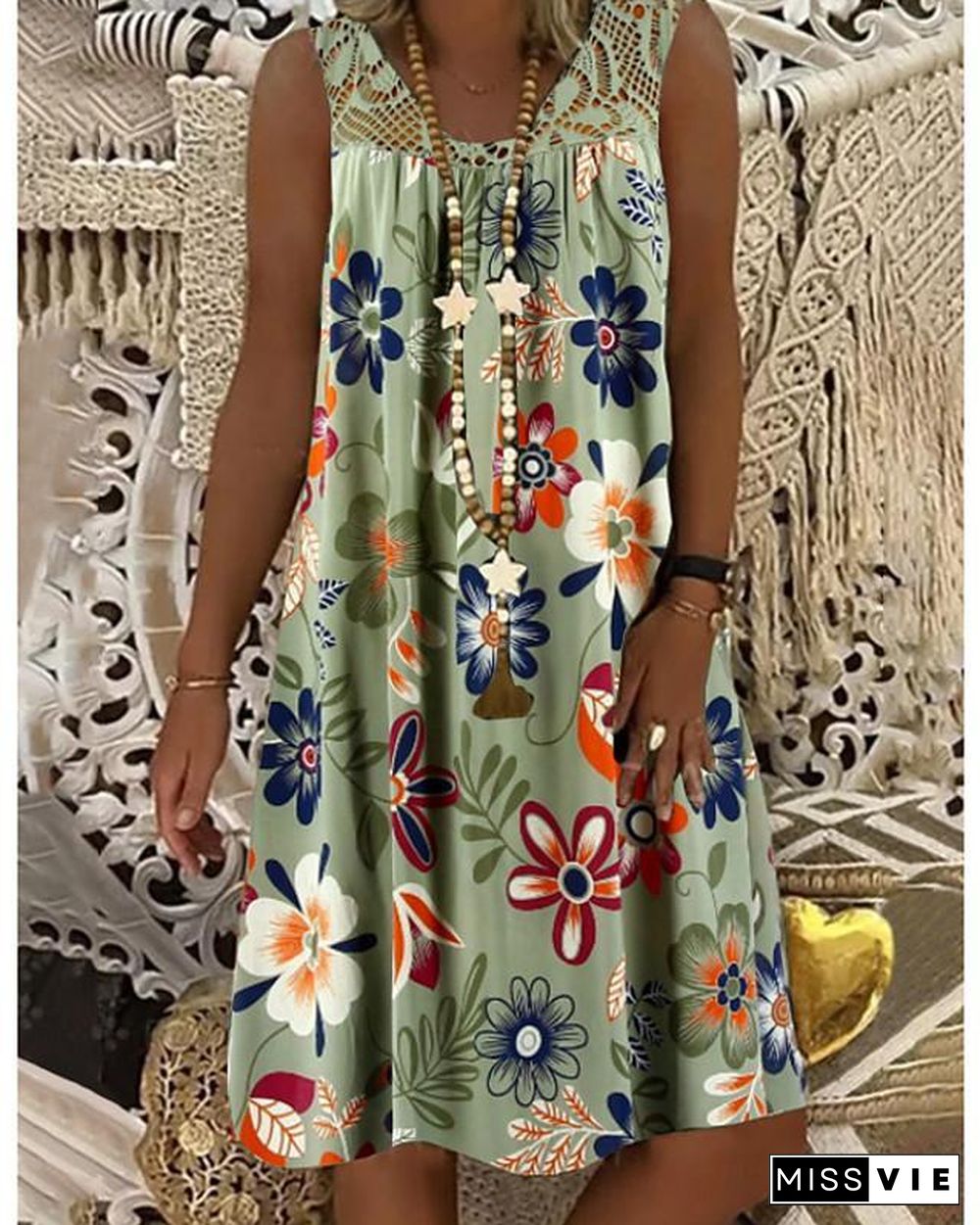 Women's Shift Dress Knee Length Dress - Sleeveless Floral Lace Print Summer Plus Size Mumu Beach Vacation Dress