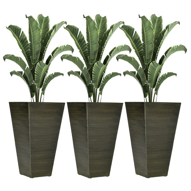 Tall Outdoor Planters Set Of 3 Large Taper Planters With Drainage Holes And Plug Faux Wood Plastic Flower Pots Dark Brown