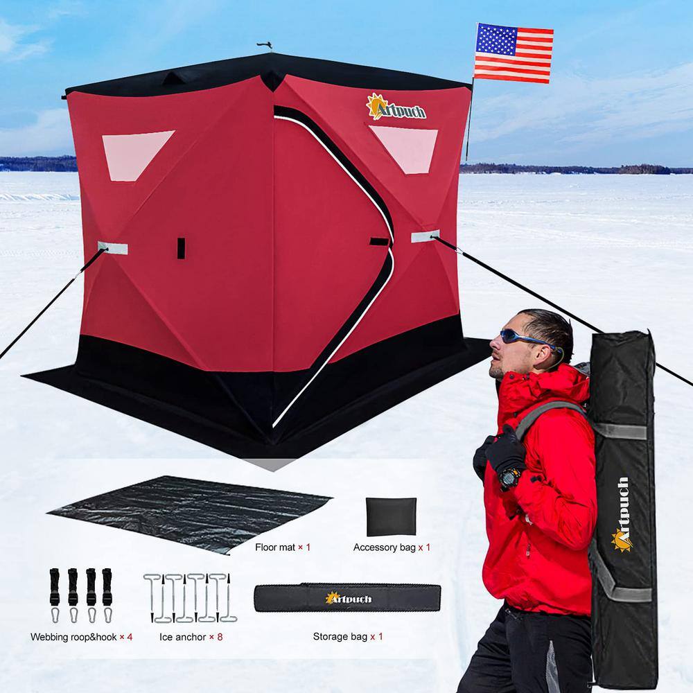 Artpuch 3-Person to 4-Person Portable Pop-up Ice Fishing Shelter Tent with Floor Mat Anchors Tie Ropes Carrying Bag AP-Ice Fishing