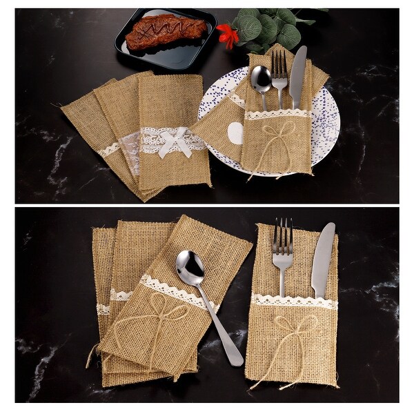 20Pcs Burlap Lace Utensil Holder Knife Fork Bags Cutlery Pouch for Wedding Party - Light Brown