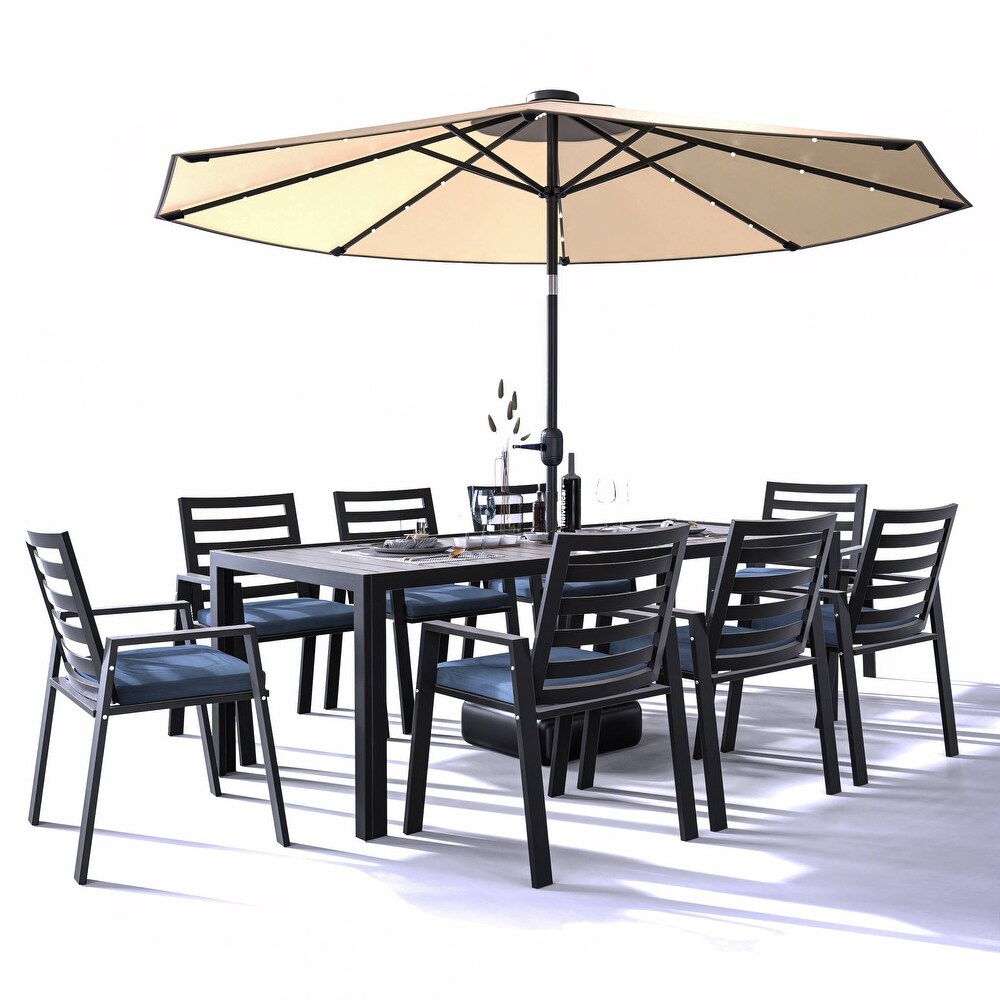 LeisureMod Chelsea Modern 9 Piece Outdoor Dining Set in Black Aluminum