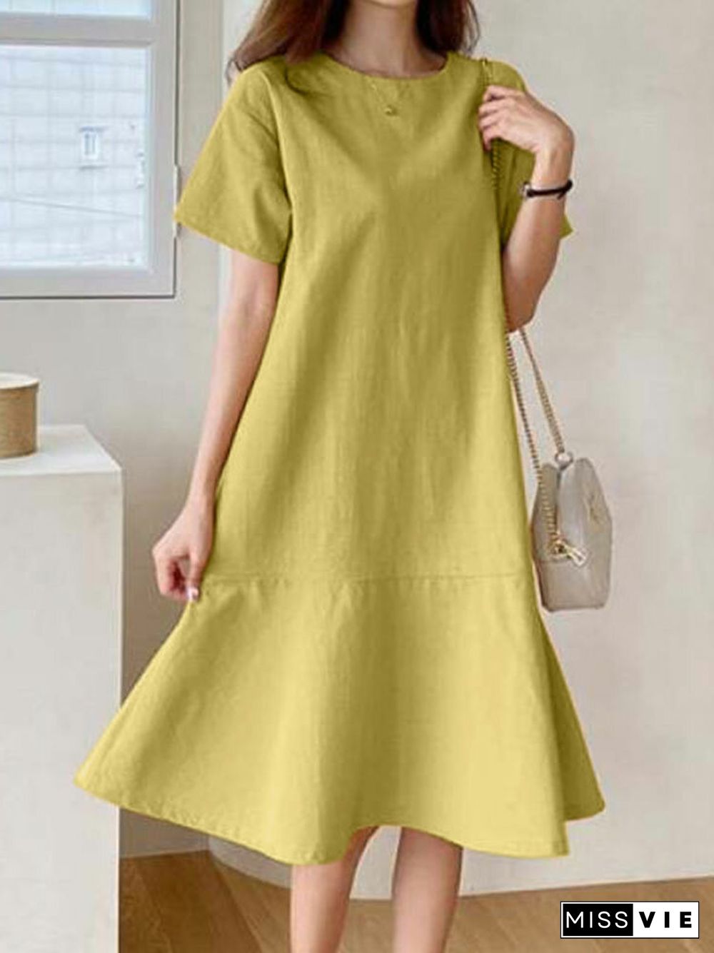 Solid Ruffle Short Sleeve Round Neck Casual Cotton Midi Dress