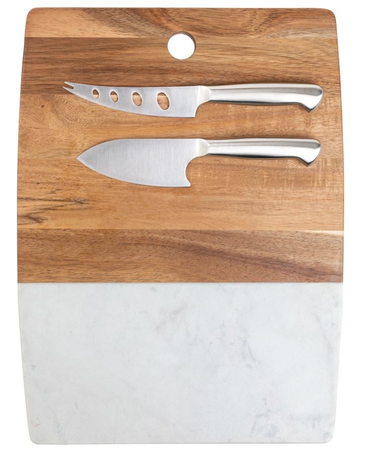 Core Kitchen Marble and Acacia Server Board Set with Cheese Knives， 3-piece Set