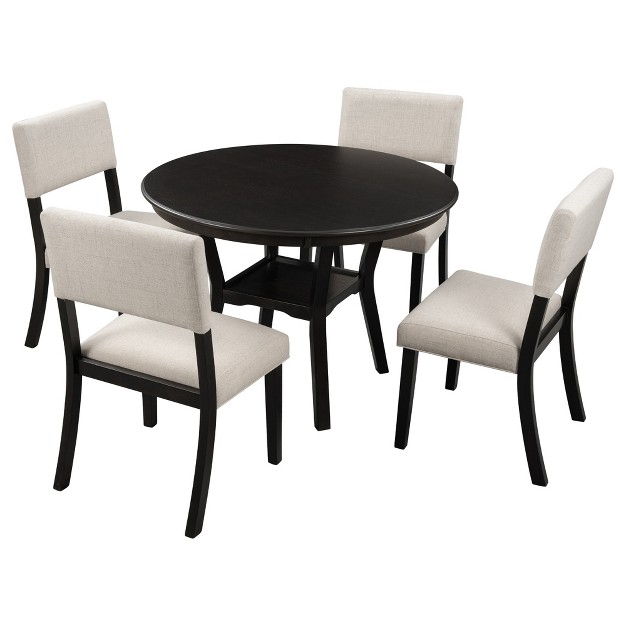 5 piece Kitchen Dining Table Set Round Table With Bottom Shelf And 4 Upholstered Chairs Espresso beige modernluxe