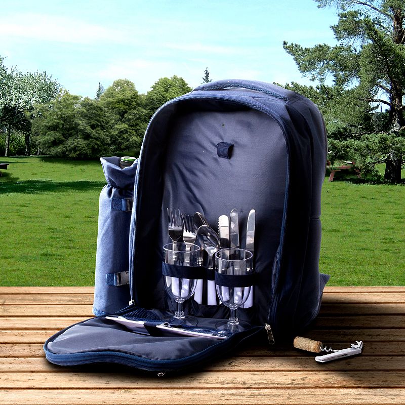 15 Piece Navy Blue Insulated Wine Carrier Tote Bag - Picnic Set for 2