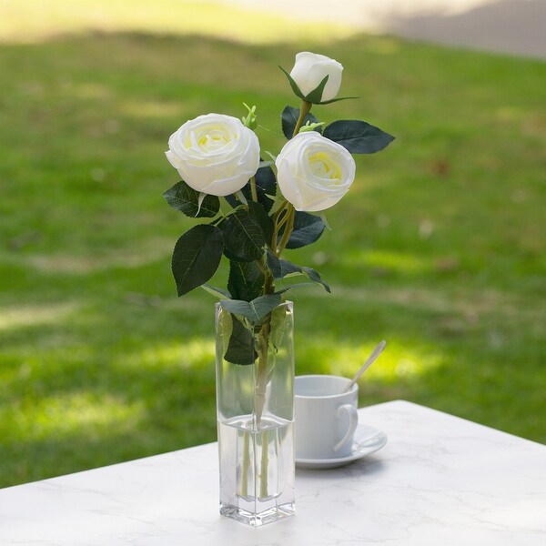 Enova Home Artificial Silk Rose Flower in Clear Glass Vase Faux Rose Flower with Vase For Home Office Decoration