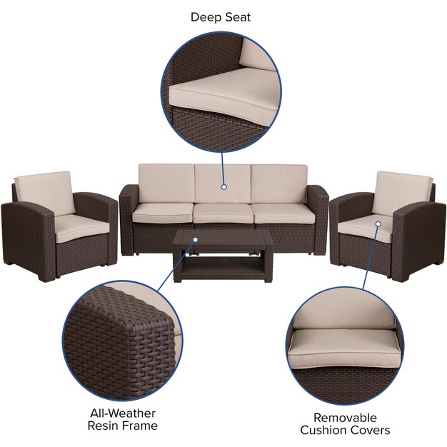 Flash Furniture 4 Piece Outdoor Faux Rattan Chair Sofa And Table Set In Chocolate Brown