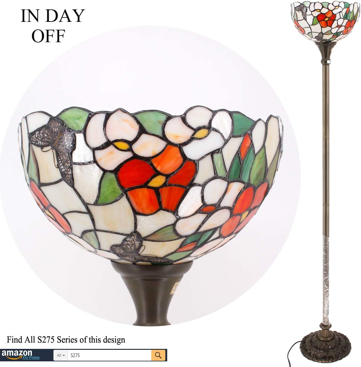 BBNBDMZ bzfwm Tiffany Floor Lamp Butterfly Amber Stained Glass Light 12X12X66 Inches Pole Torchiere Standing Corner Torch Uplight Decor Bedroom Living Room  Office S275 Series