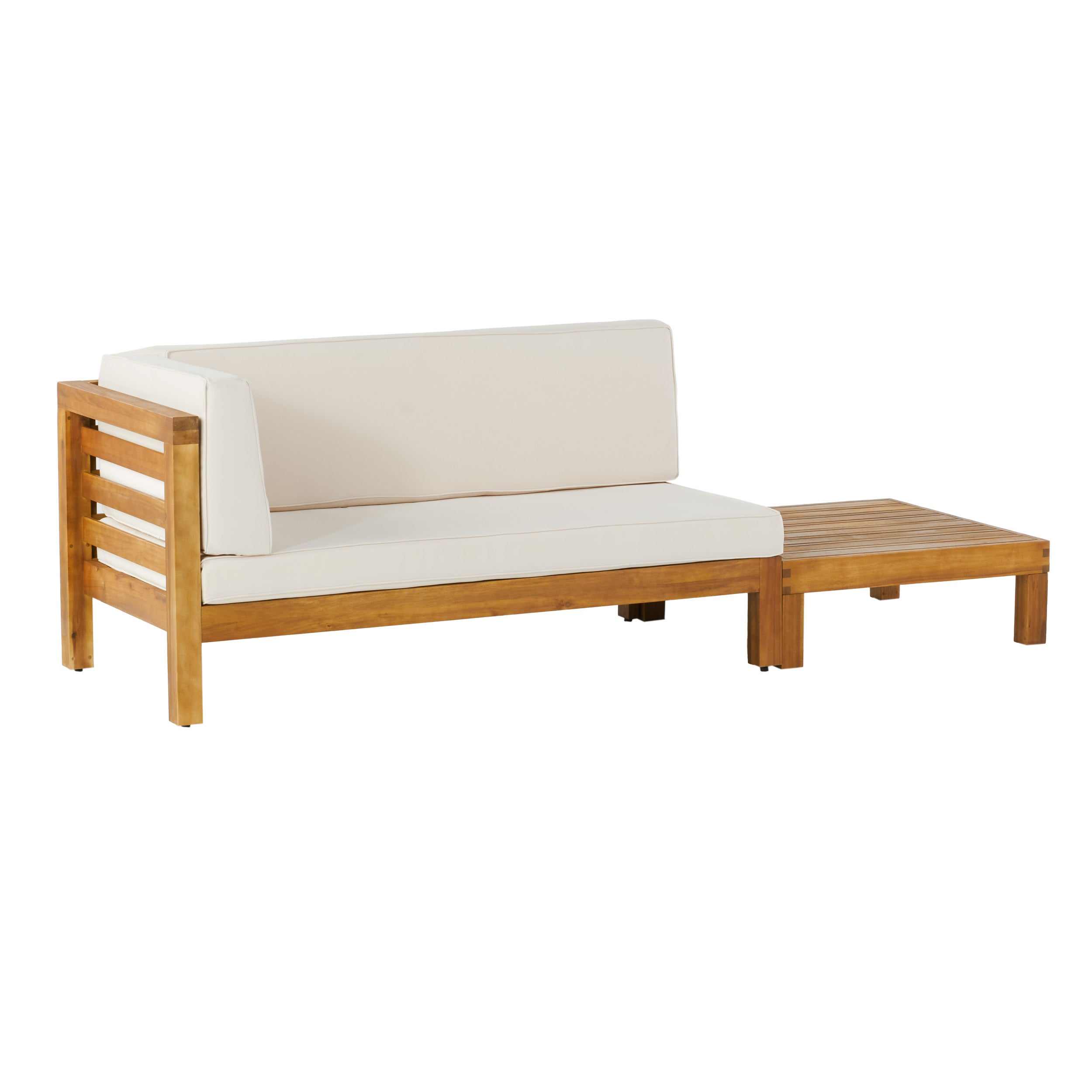 Cascada Outdoor Acacia Wood Left Arm Loveseat and Coffee Table Set with Cushion