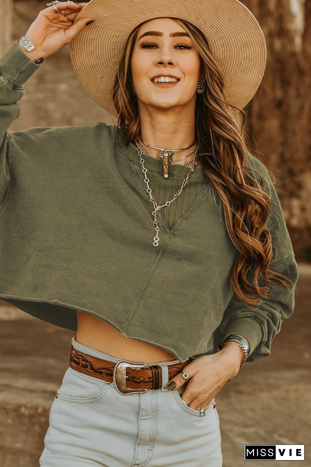 Green Drop Shoulder Cropped Sweatshirt