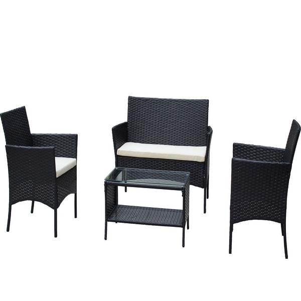 4Piece Wicker Patio Conversation Set with White Cushion