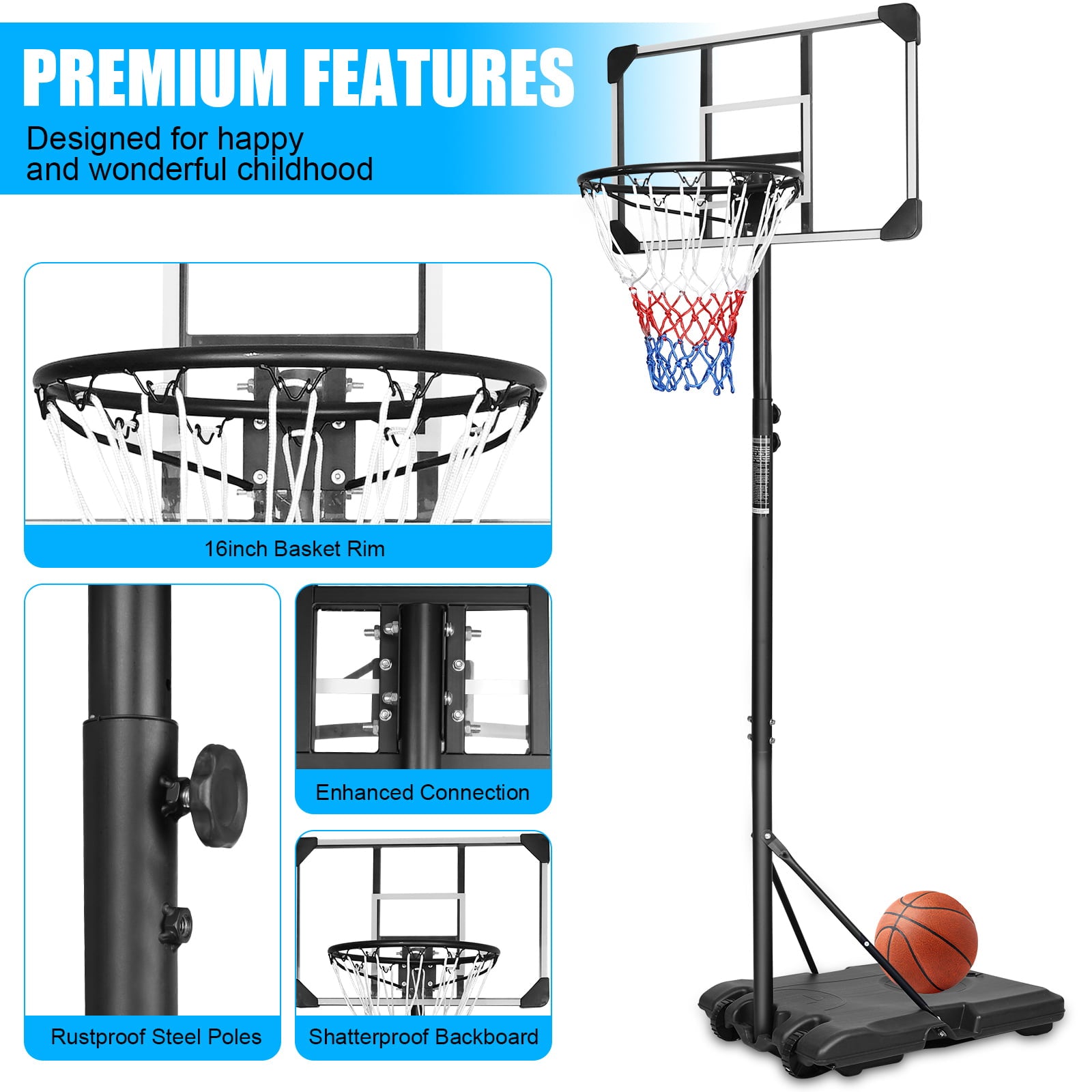 iRerts Outdoor Basketball Hoop， Portable Basketball Hoop for Teens Kids， Height Adjusted 5.6-7ft Basketball Hoop Outdoor with Wheels and Backboard， Basketball Goal for Indoor Outdoor Use， Black